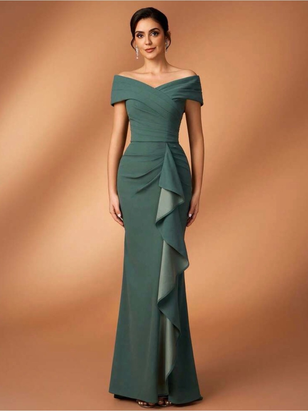 Serin Elegant Sage Green Off-Shoulder Ruched Wedding Gown Size XL